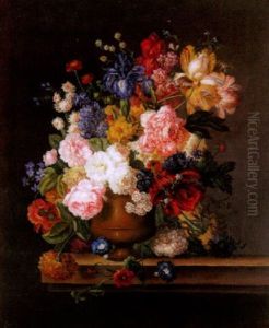 Blumenstilleben Mit Rosen, Iris, Akeleien In Einer Tonvase Auf Einer Steinplinthe