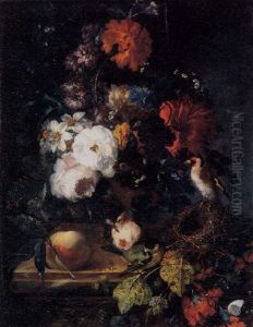 Still Life Of Roses, Narcissus And Other Flowers In An Urn Resting On A Pedestal With A Peach, Butterflies And Two Birds by Johann Baptist Drechsler