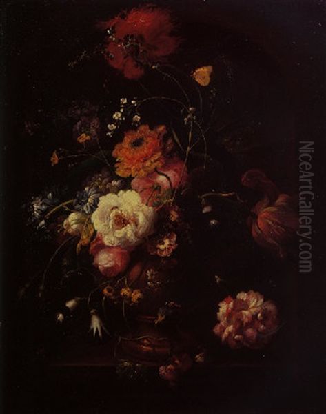 A Still Life Of A Poppy, Roses, Tulips, Convolvulus And Other Flowers In A Terracotta Vase In A Stone Niche - view 1