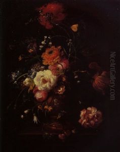 A Still Life Of A Poppy, Roses, Tulips, Convolvulus And Other Flowers In A Terracotta Vase In A Stone Niche by Johann Baptist Drechsler