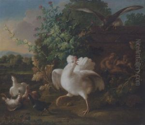 Poultry By A Plinth Decorated With A Bas-relief Of Leda And The Swan In A Landscape
