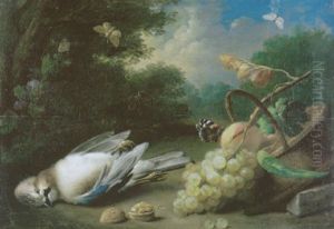 Fruchte In Einem Korb, Insekten, Nusse Und Ein Vogel Vor Einer Landschaft