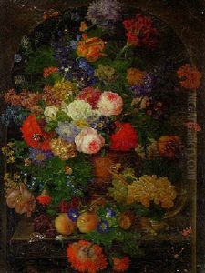 Roses, Parrot Tulips, And Other Flowers In A Terracotta Urn by Johann Baptist Drechsler