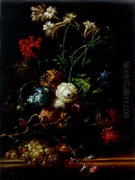 Carnations, Lilies, Peonies, And A Polyanthus In An Urn On A Ledge With Grapes, A Red Admiral And A Cabbage White Butterfly - view 1