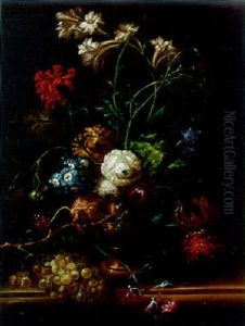 Carnations, Lilies, Peonies, And A Polyanthus In An Urn On A Ledge With Grapes, A Red Admiral And A Cabbage White Butterfly by Johann Baptist Drechsler