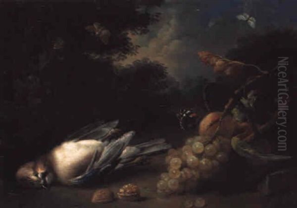 A Dead Jay, A Basket With Peaches And Grapes And A Walnut In A Landscape - view 1