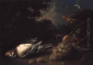 A Dead Jay, A Basket With Peaches And Grapes And A Walnut In A Landscape