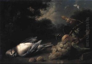 Still Life With Dead Jay And Fruit In Landscape