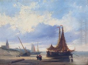 Fishermen And Boats At The Beach by Christiaan Lodewijk Willem Dreibholtz