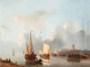 Kanalmotiv Med Fartyg Pa Redden Nedanfor En Borg by Christiaan Lodewijk Willem Dreibholtz