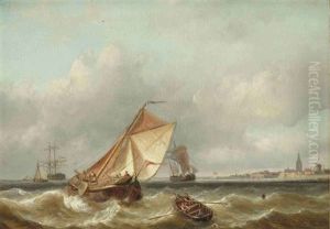 A Seascape With A Town In The Distance by Christiaan Lodewijk Willem Dreibholtz