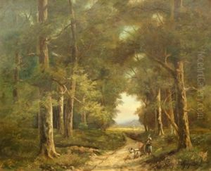 Landscape With Wood Gatherer And His Dog by Albertus Jacobus Sap Van Drenthe
