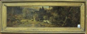 Landscape With Two Men Hailing Horse Drawn Wagon As Woman With Two Children Watch, Cabin With Nearby Stream, Mountains In The Distance by Adolf Dressler