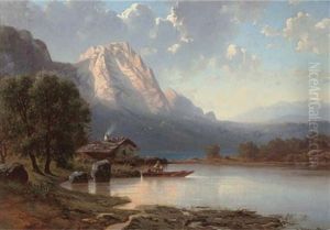 Fishing In The Lake In A Mountainous Landscape