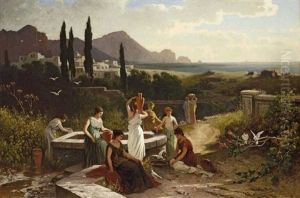 Frauen Am Brunnen In Italienischer Landschaft by Friedrich Wilhelm Albert Dressler