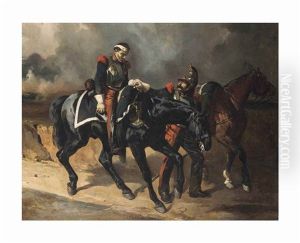 Cuirassier Blesse Et Cuirrassier Tenant La Bride De Son Cheval by Alfred De Dreux