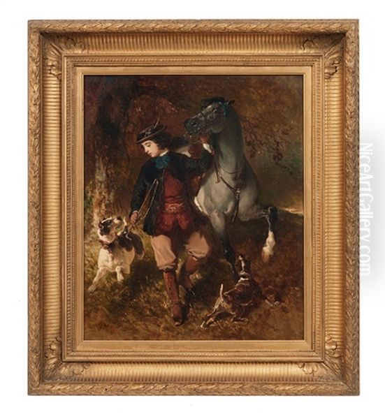 Jeune Cavalier Tenant Son Cheval Par La Bride Et Ses Chiens - view 1
