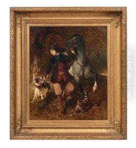 Jeune Cavalier Tenant Son Cheval Par La Bride Et Ses Chiens Jeune Cavalier Tenant Son Cheval Par La Bride Et Ses Chiens
