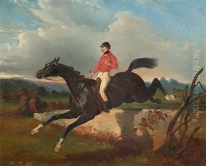 An Equestrian On Horseback Jumping An Obstacle In A Landscape