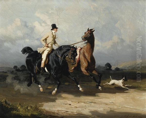 Deux Chevaux Au Galop, L'un Monte Par Un Cavalier En Habit Blanc, Un Chien Les Precedant - view 1