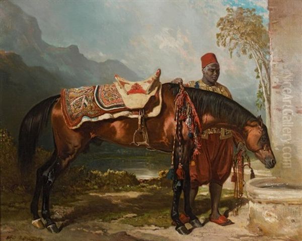 Hassan, Etalon Arabe Et Son Saik Devant L'abreuvoir - view 1