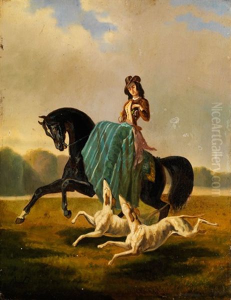 Elegante Reiterin Mit Windhunden In Weiter Landschaft - view 1