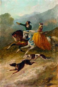 Spanisches Reiterpaar Mit Hunden Im Galopp by Alfred De Dreux