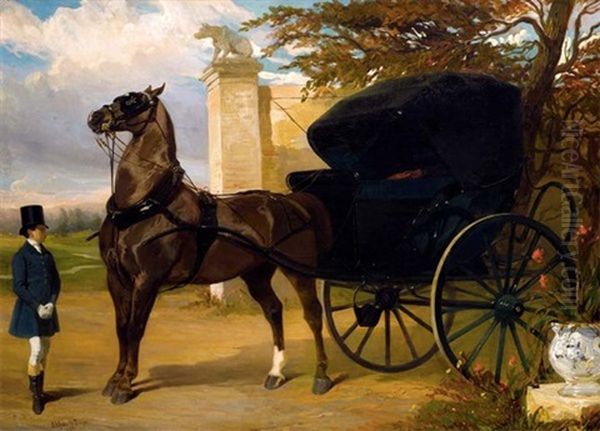 Cabriolet Devant Le Portail, Attelage Et Groom Devant Un Portail - view 1