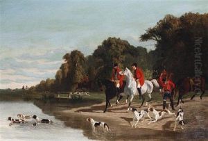 A Stag Hunt With Hounds Crossing The Water by Alfred De Dreux