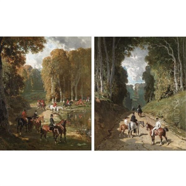 A Hunting Party By A Lake (+ Riders On A Forest Path; Pair) - view 1