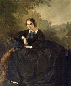 Elegante Et Son Levrier Dans Un Paysage by Alfred De Dreux