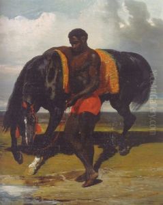 African Tenant Un Cheval Ar Bord D'une Mer