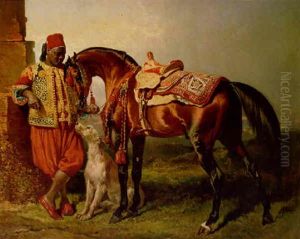 An African Groom Holding A Stallion With A Dog