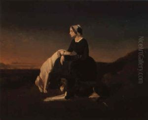 Reverie Du Soir, Jeune Fille Avec Ses Deux Levriers by Alfred De Dreux