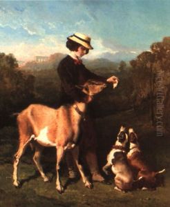A Girl Feeding A Goat In An Extensive Landscape by Alfred De Dreux