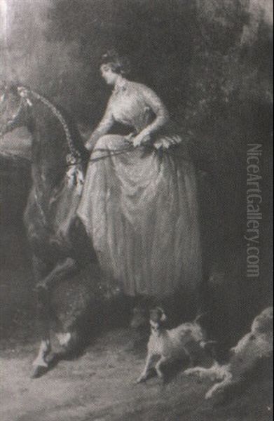 A Lady On Horseback With Frolicking Dogs - view 1