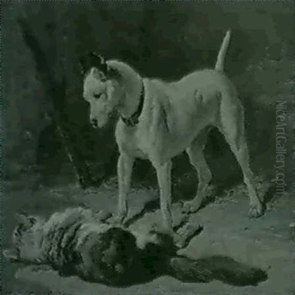 Chien A L'arret Devant Un Chat - view 1