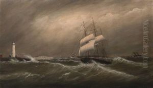 Ship In A Gale Off Boston Light by Clement Drew