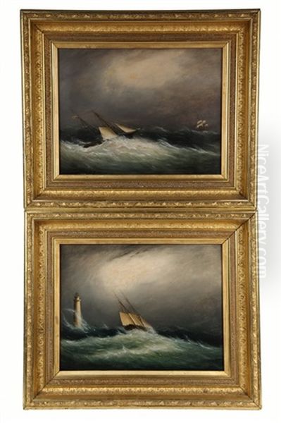 Two Views Of Sailing Ships Being Swamped In Storms, One Near A Lighthouse, The Other With Rescuer Approaching - view 1