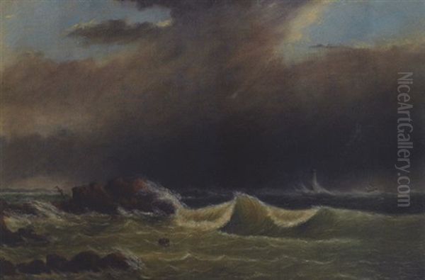 Minot's Ledge Lighthouse With Ship In Stormy Seas - view 1
