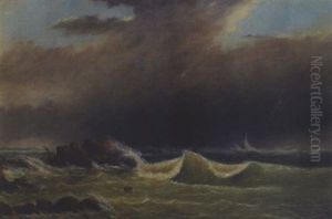 Minot's Ledge Lighthouse With Ship In Stormy Seas by Clement Drew