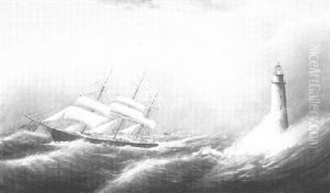 Ship Passing Minot's Light, North East Gale by Clement Drew
