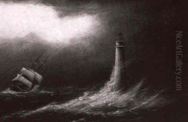 Sloop And Lighthouse During A Winter Storm - view 1