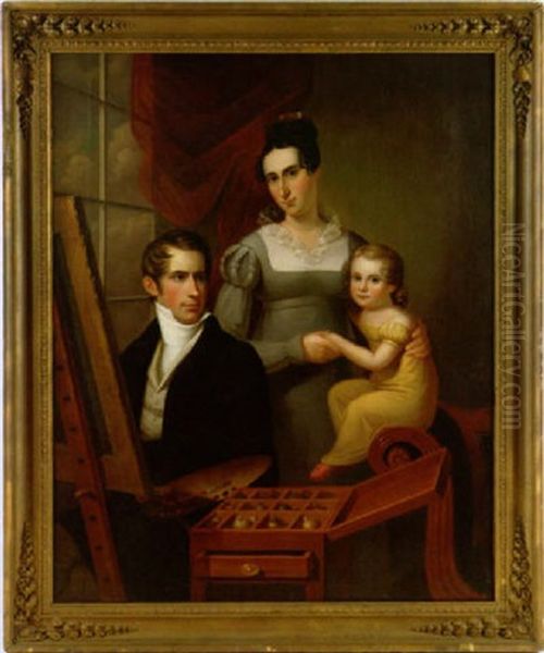 Family Portrait Of The Artist Holding A Palette And Sitting At His Easel With His Wife, Catherine Hookey Drexel And His Daughter, Mary Johanna Drexel Posing Behind Him - view 1