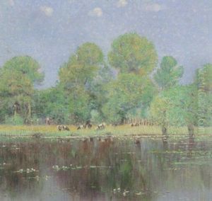 Fluslandschaft Mit Weidenden Kuhen by Johann-Georg Dreydorff