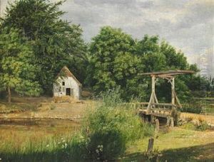 Indkorsel Til En Skov Med Et Ledvogterhus; I Forgrunden En Traekbro Indkorsel Til En Skov Med Et Ledvogterhus; I Forgrunden En Traekbro