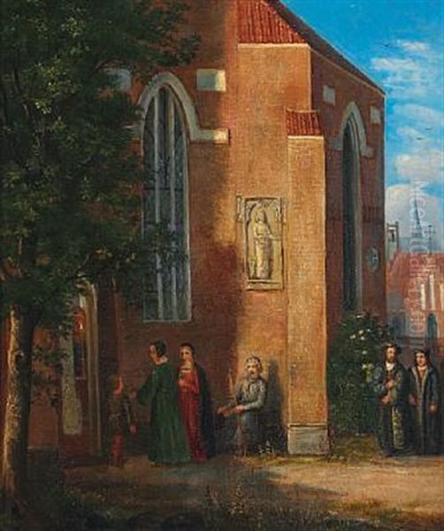 Parti Foran En Kirke; Kirkegaengere I Det Xvi Arhundredes Dragter - view 1