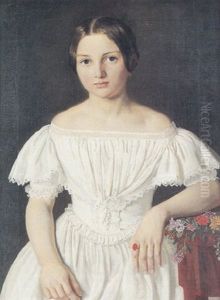 Portraet Af Marie Sophie Bruun, Senere Gift Johns, I Hvid Kjole Med Flaeser Portraet Af Marie Sophie Bruun, Senere Gift Johns, I Hvid Kjole Med Flaeser