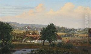 Landscape From Barlose With A View Of A White Farm With Thatched Roof by Jorgen Gantzel Blicher Dreyer