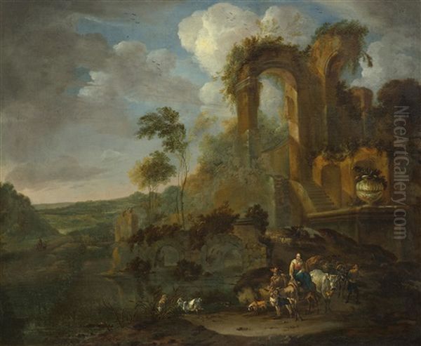 Shepherd Family With Animals By Water Before A Ruin - view 1